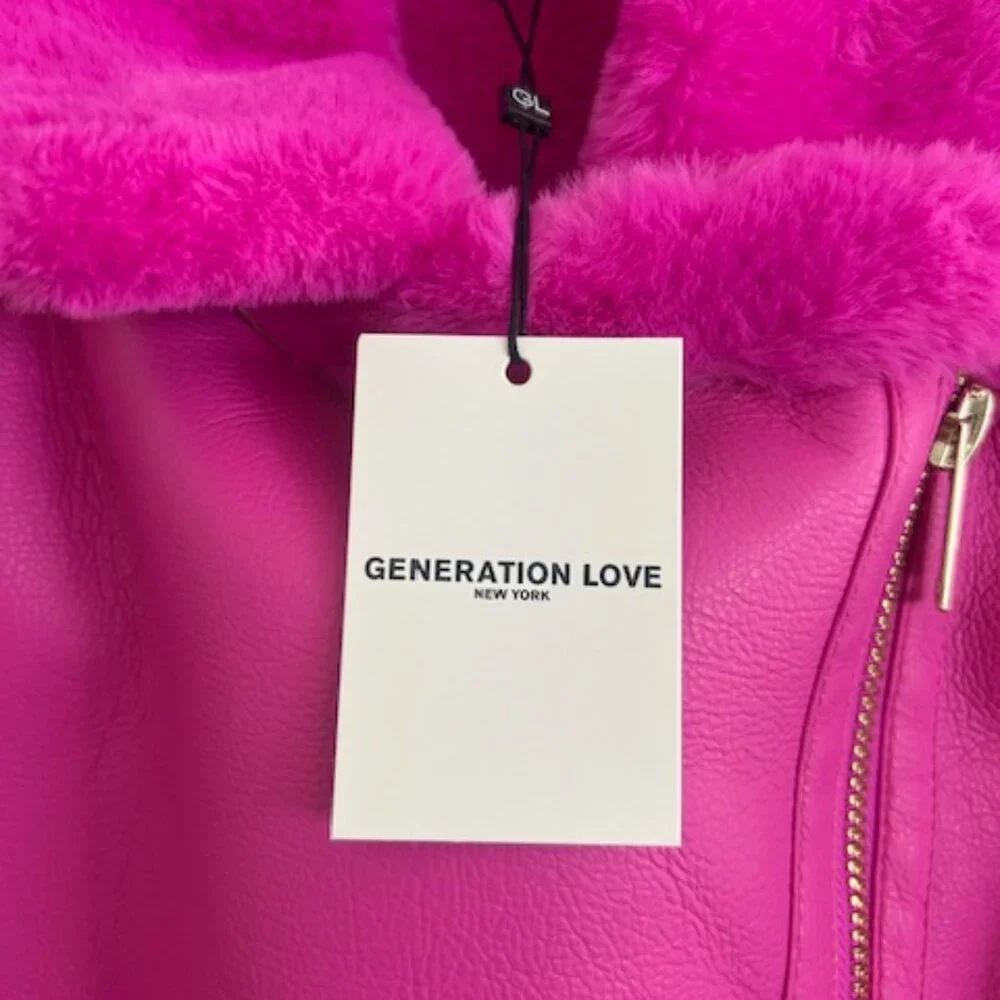 Generation Love Dion Hot Pink Faux Fur Shearling Zip Buckle Moto Jacket NWT XS - Picture 4 of 16